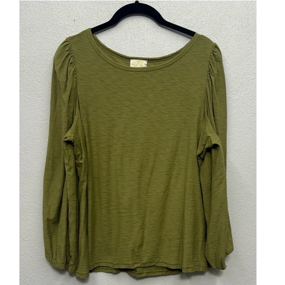 Nation LTD Shirt Womens Large Top Green Pima Cotton Long Sleeve Puff Shoulder